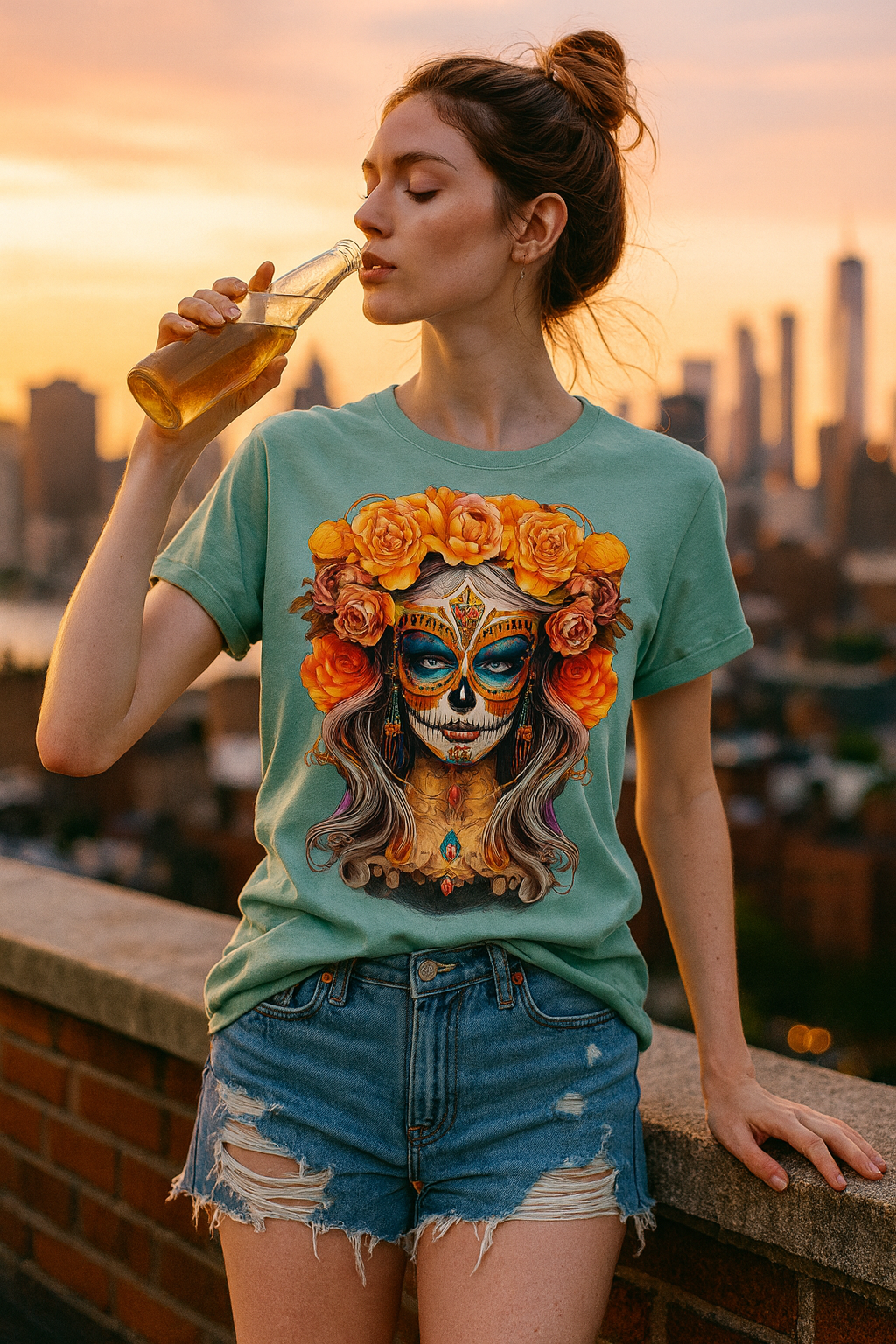 La Catrina Day of the Dead Yellow Roses Sugar Skull Women T-Shirt