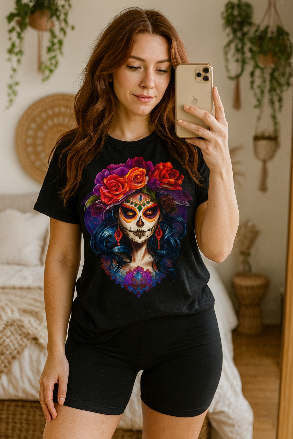 La Catrina Day of the Dead Orange Roses Women T-Shirt