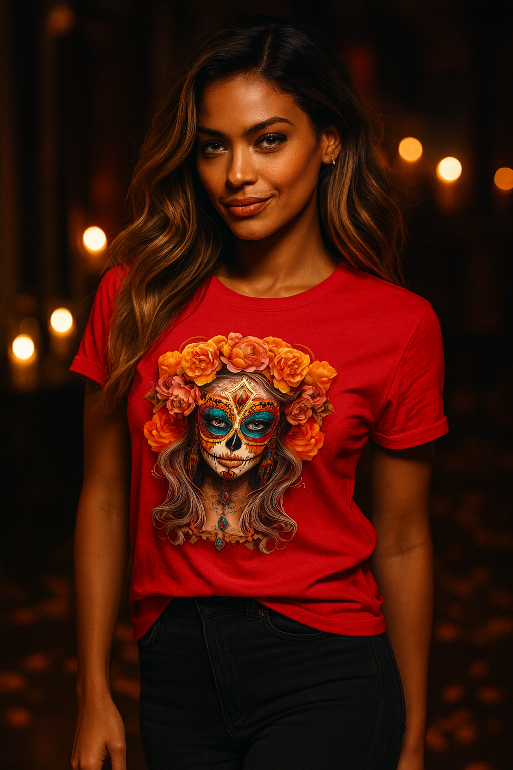 La Catrina Day of the Dead Yellow Roses Sugar Skull Women T-Shirt