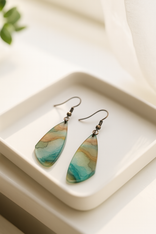 Sandy Teal Marble Wing Acrylic Earrings