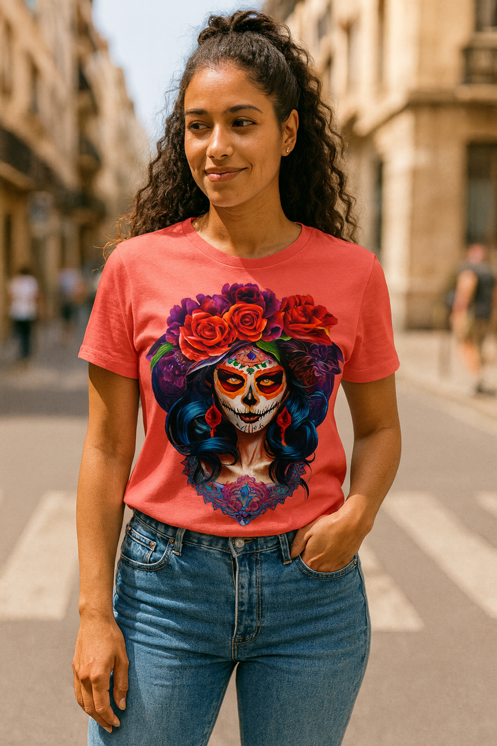 La Catrina Day of the Dead Orange Roses Women T-Shirt