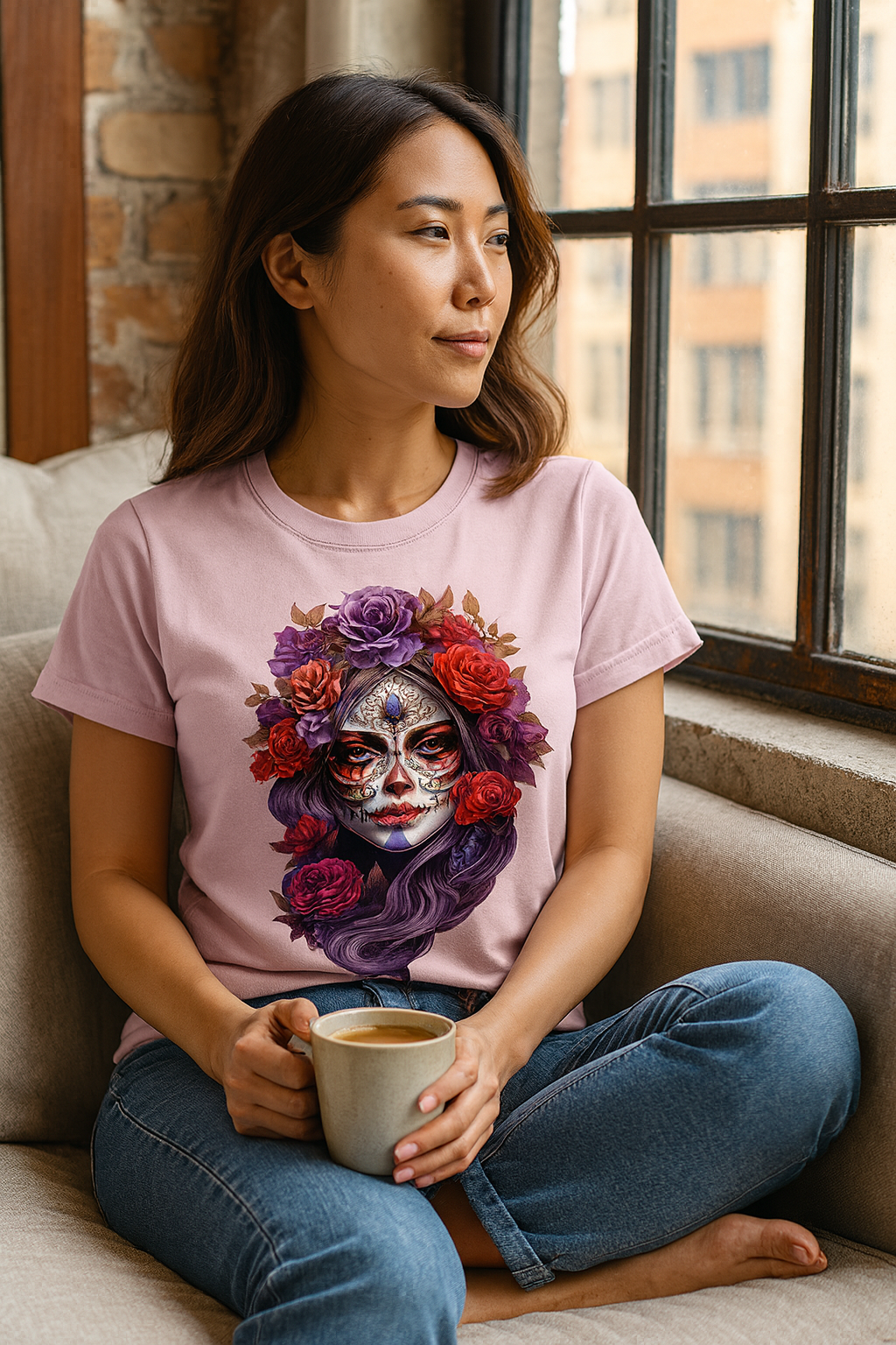 La Catrina Sugar Skull Purple Flower Women T-Shirt