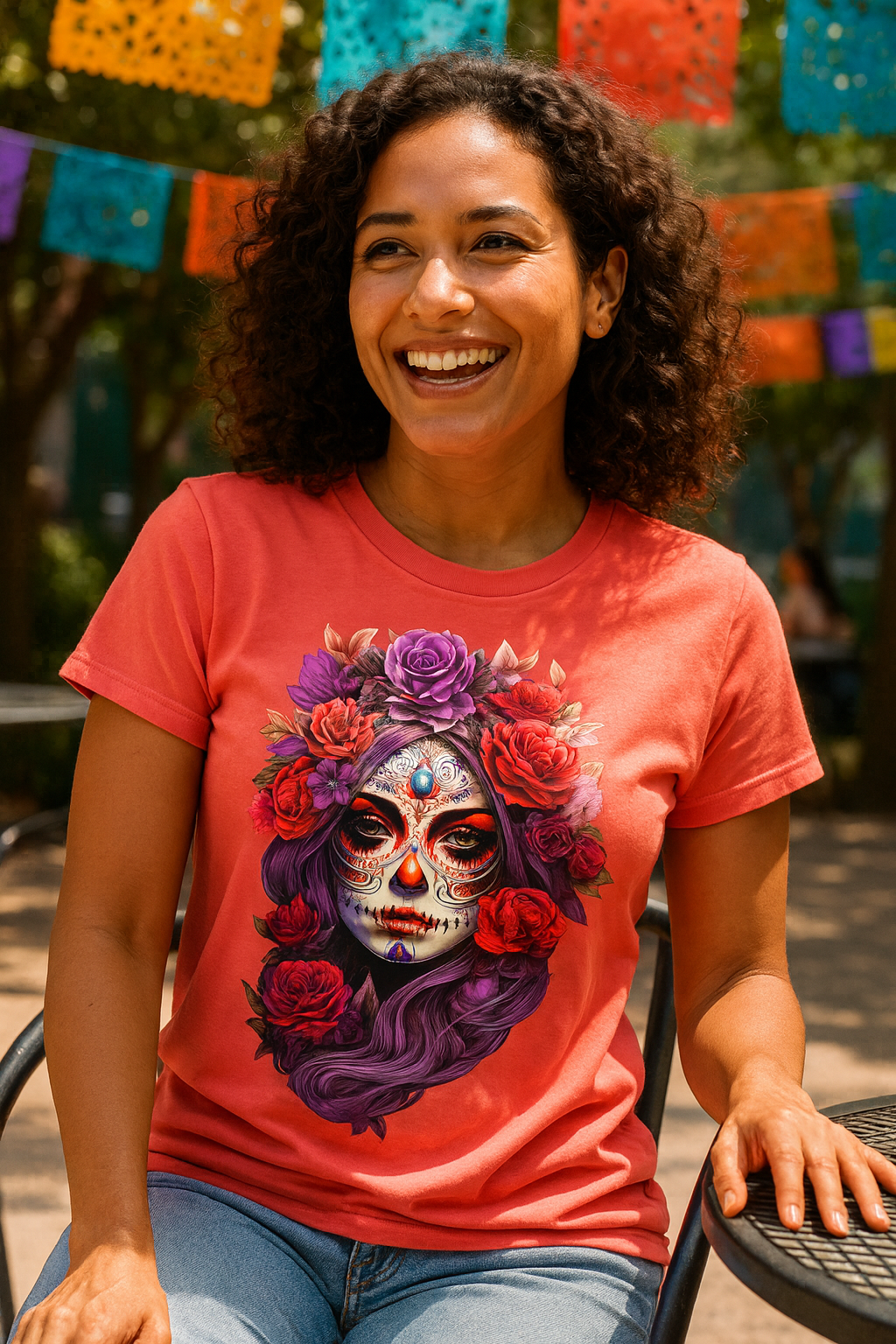 La Catrina Sugar Skull Purple Flower Women T-Shirt