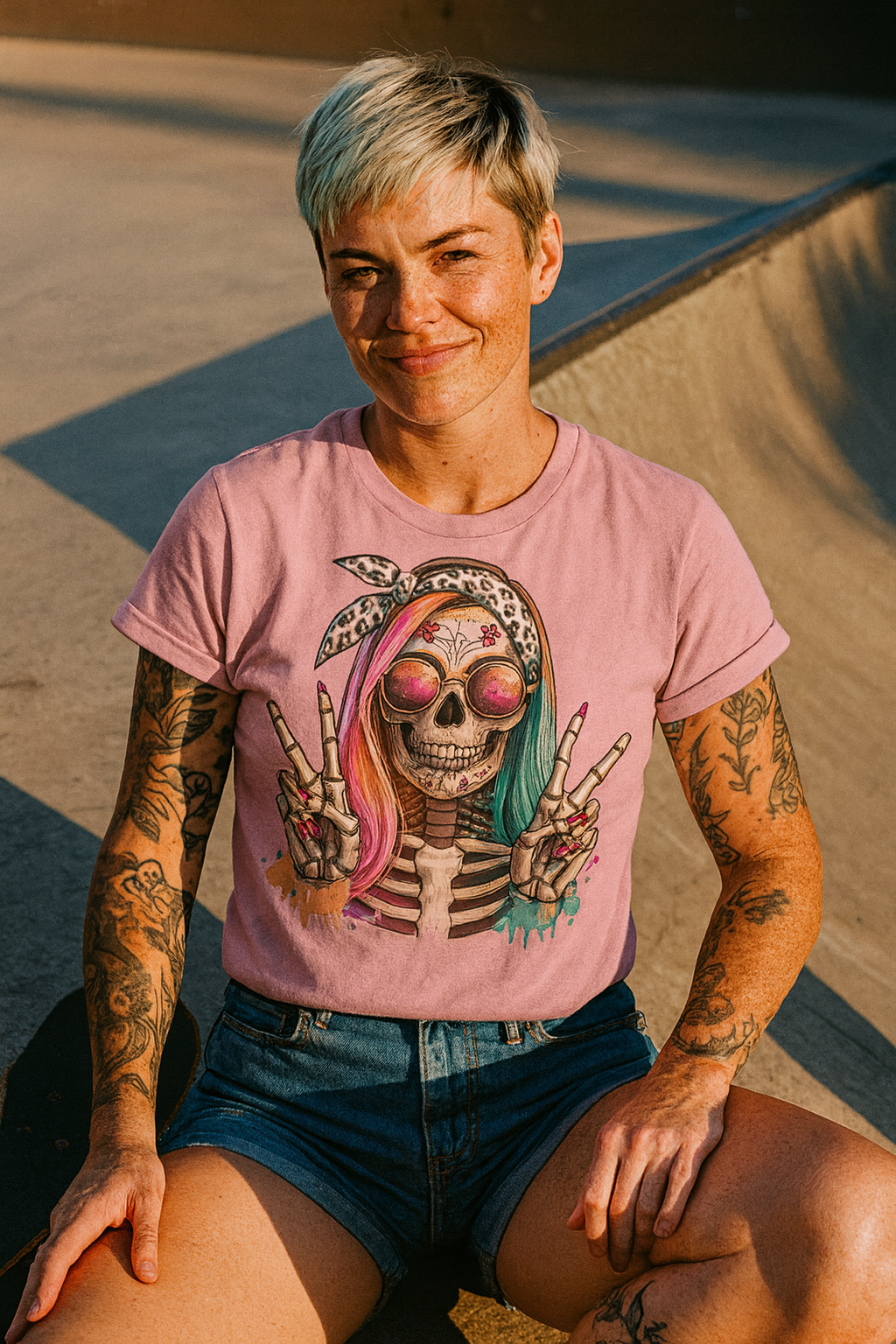 Hipster Skull Pink & Blue Hair Women's Relaxed T-Shirt