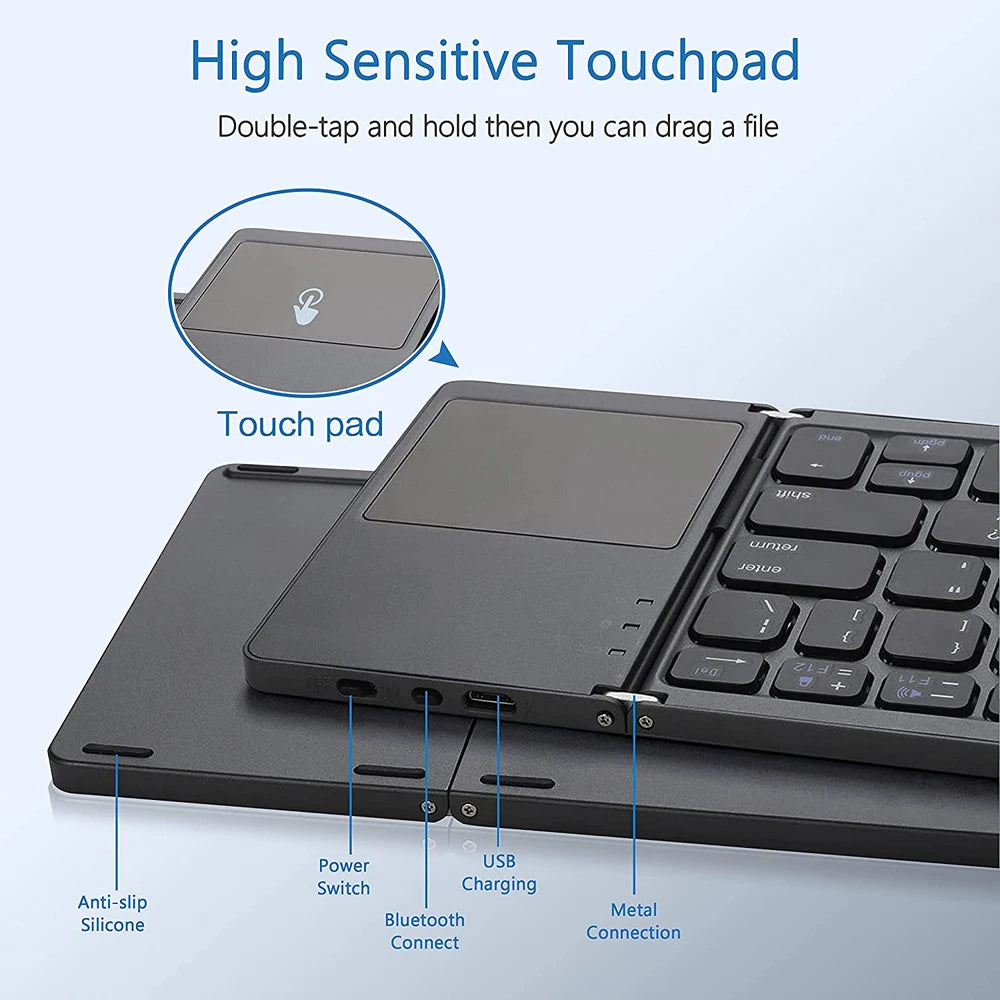 New Portable Mini Three Folding Bluetooth Keyboard Wireless Foldable Touchpad Keypad for IOS Android Windows ipad Tablet