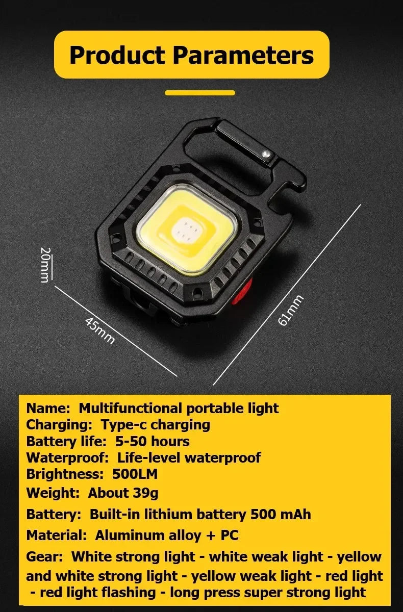 LED Flashlight Portable Multifunctional Mini COB Keychain Lamp USB Rechargeable Work Light Strong Torch Camping Outdoor Lantern