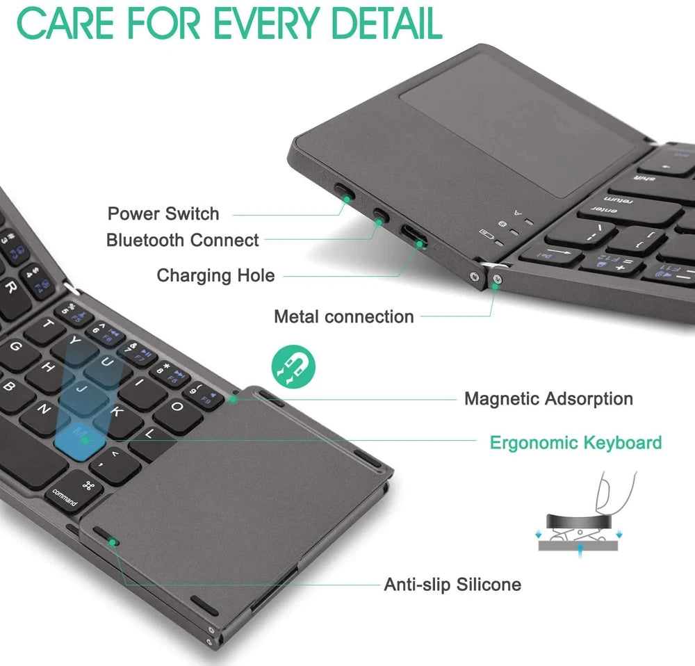 New Portable Mini Three Folding Bluetooth Keyboard Wireless Foldable Touchpad Keypad for IOS Android Windows ipad Tablet