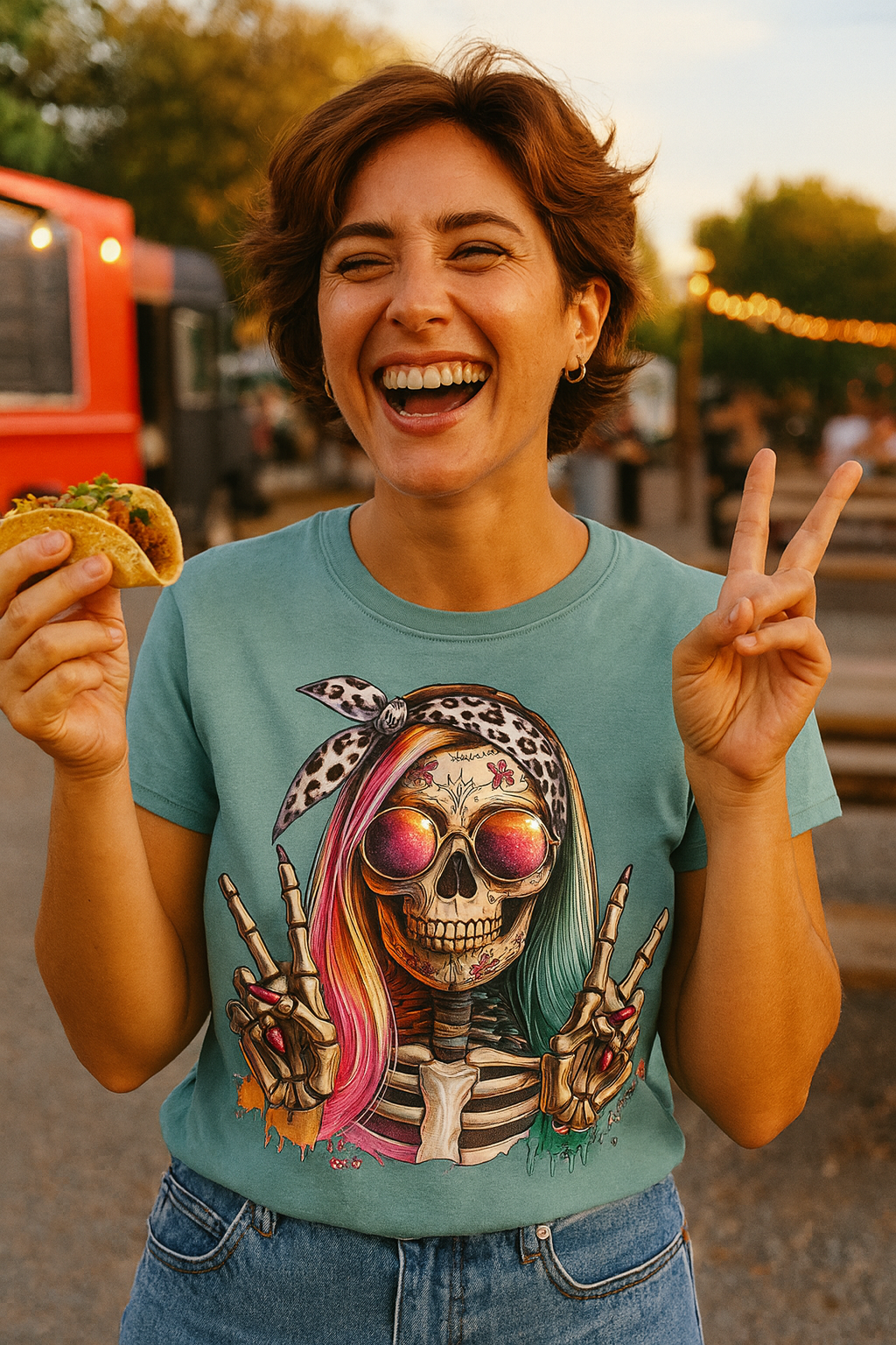 Hipster Skull Pink & Blue Hair Women's Relaxed T-Shirt