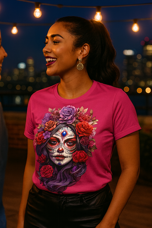 La Catrina Sugar Skull Purple Flower Women T-Shirt
