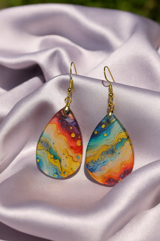 Cosmic Rainbow Swirl Acrylic Teardrop Earrings
