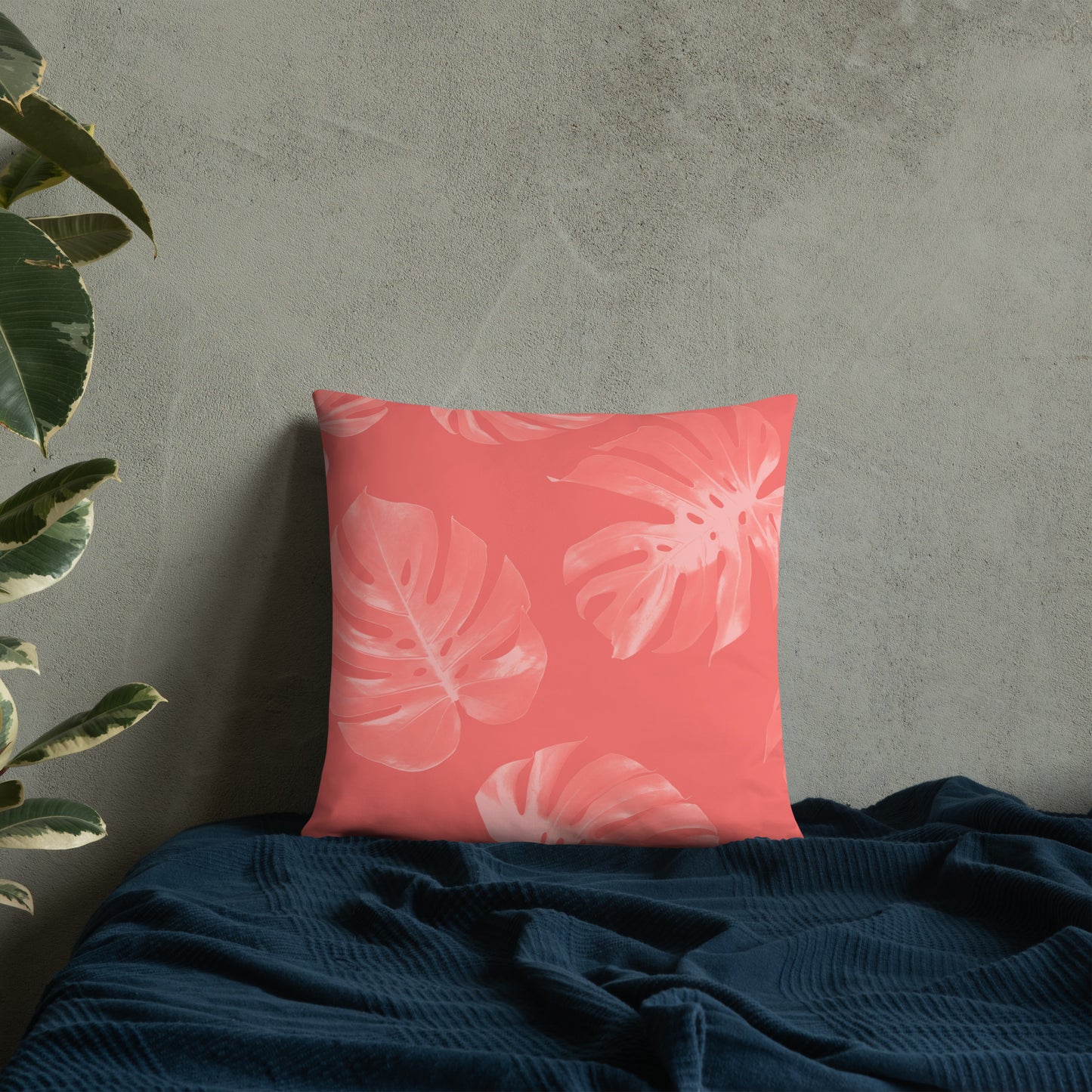 Coral Monstera Throw Pillow