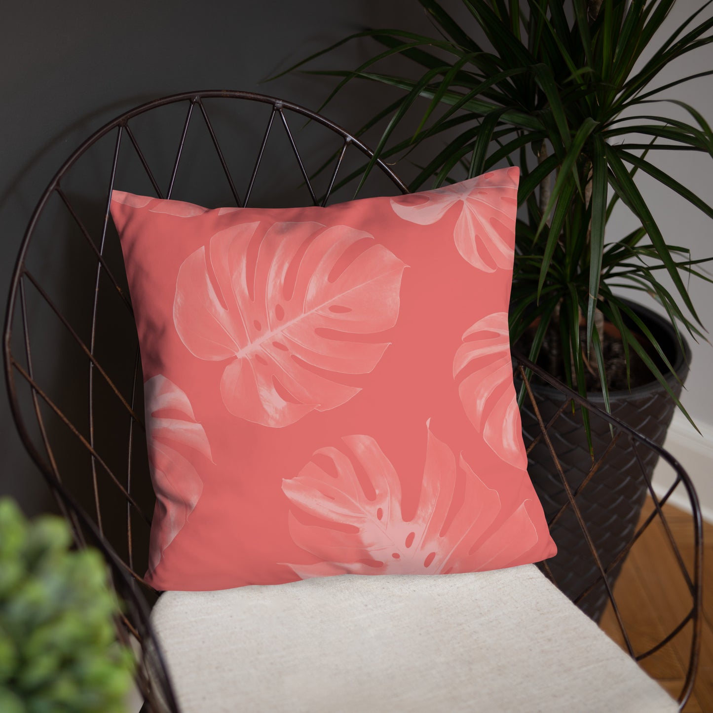 Coral Monstera Throw Pillow