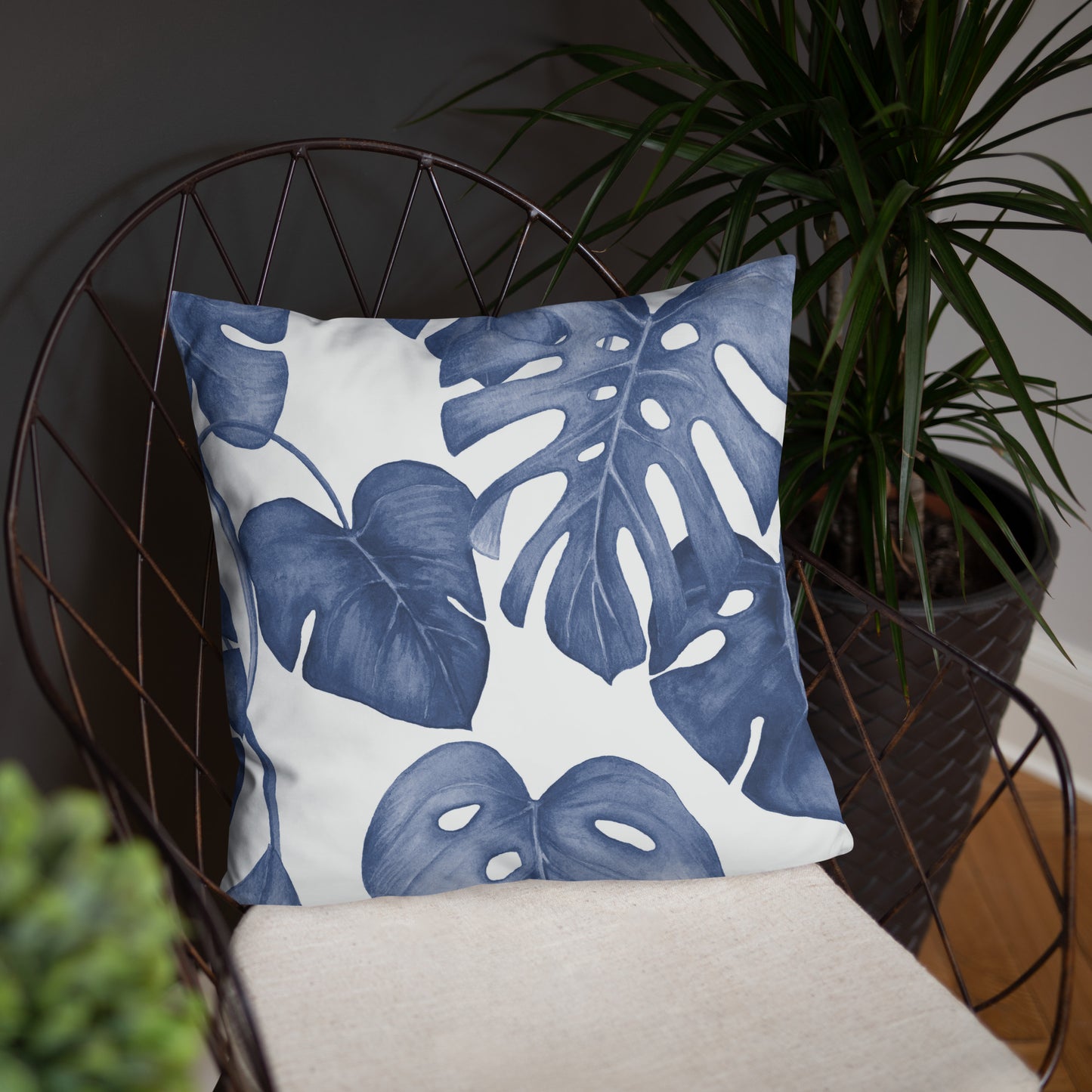 Blue Monstera Leaf Pillow