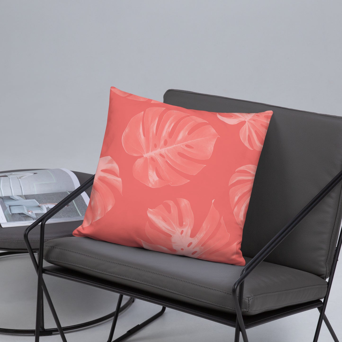 Coral Monstera Throw Pillow