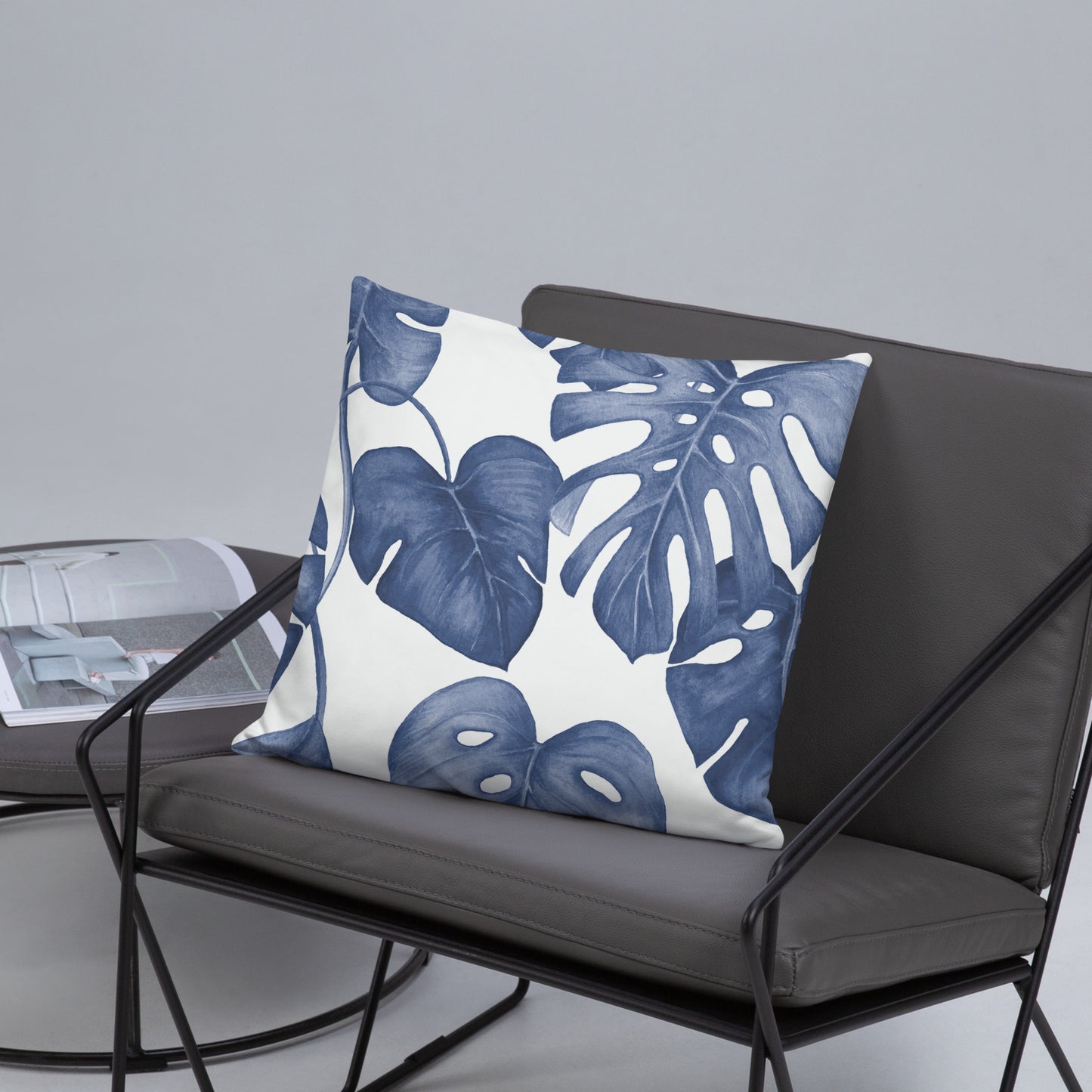 Blue Monstera Leaf Pillow