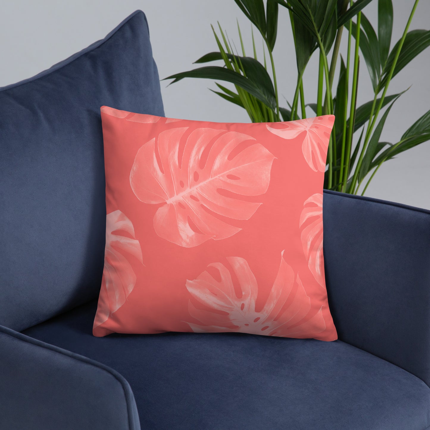 Coral Monstera Throw Pillow