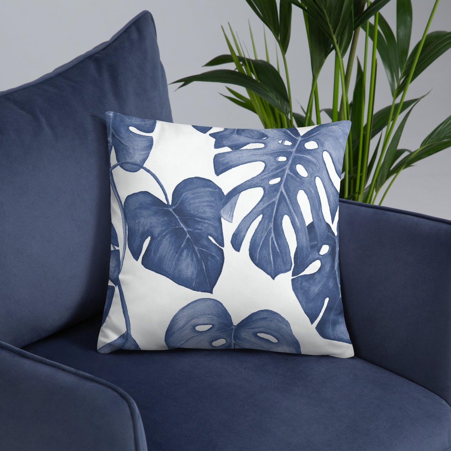 Blue Monstera Leaf Pillow