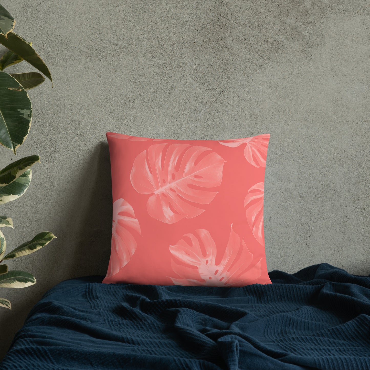 Coral Monstera Throw Pillow