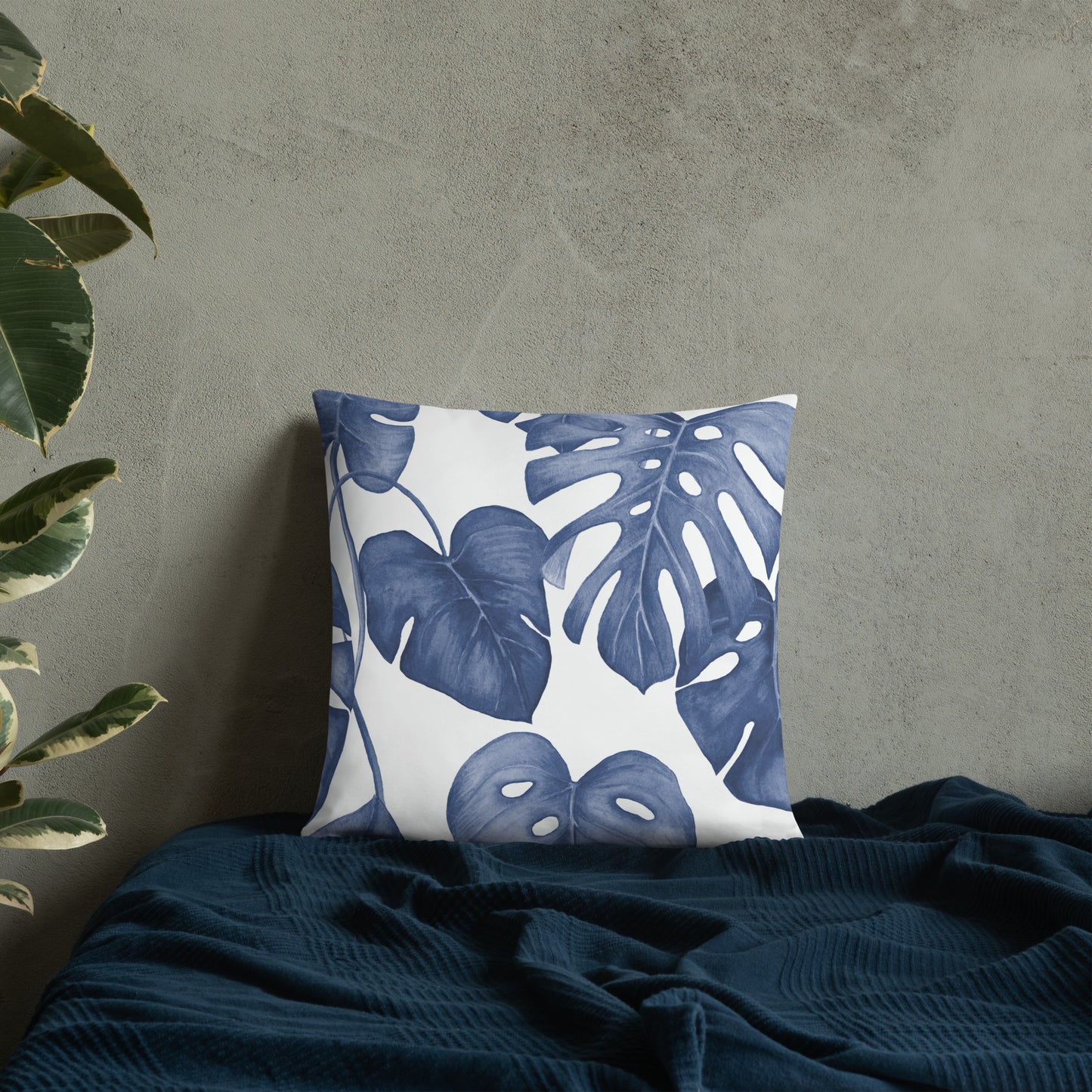 Blue Monstera Leaf Pillow