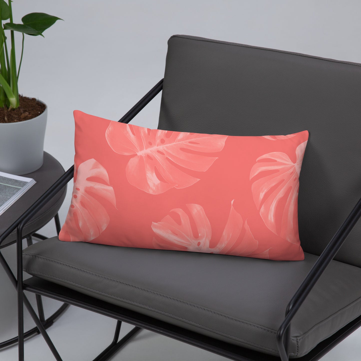 Coral Monstera Throw Pillow