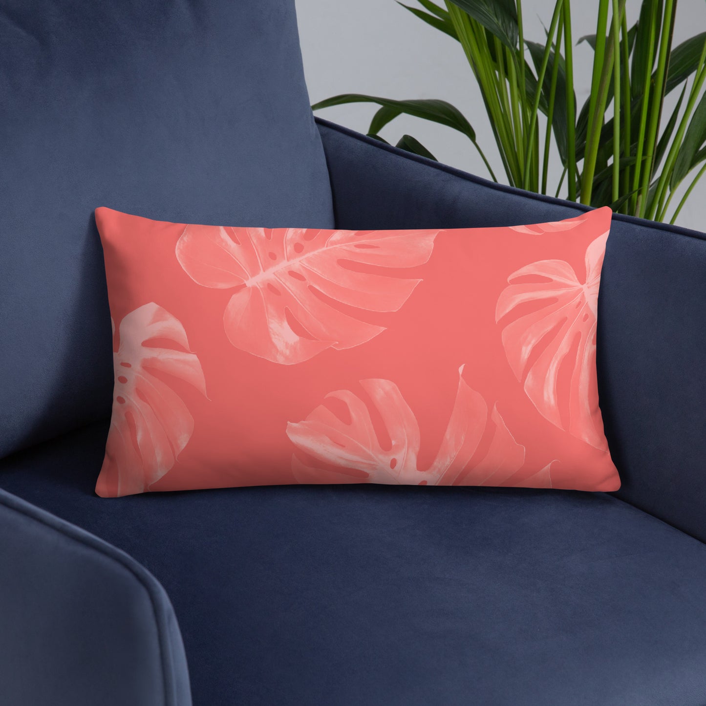 Coral Monstera Throw Pillow