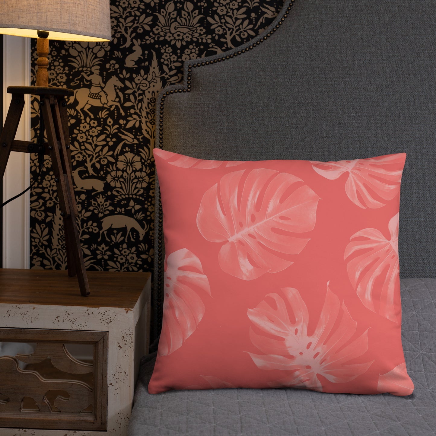 Coral Monstera Throw Pillow