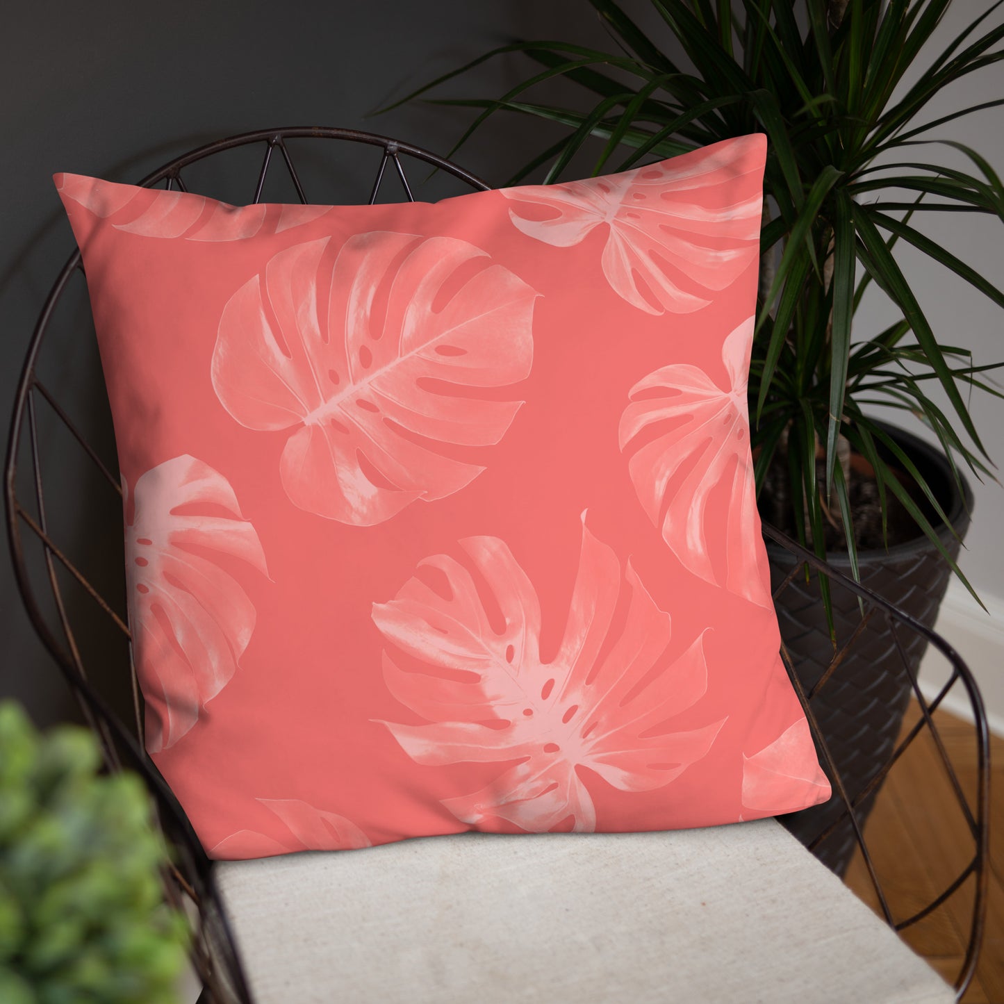 Coral Monstera Throw Pillow