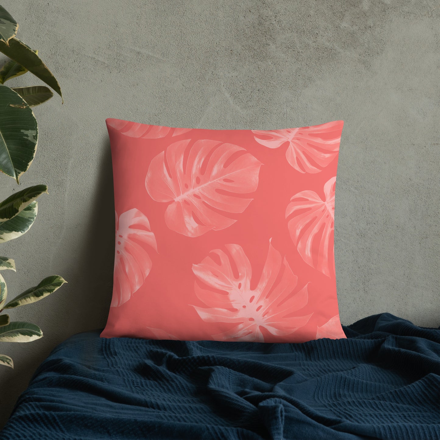 Coral Monstera Throw Pillow