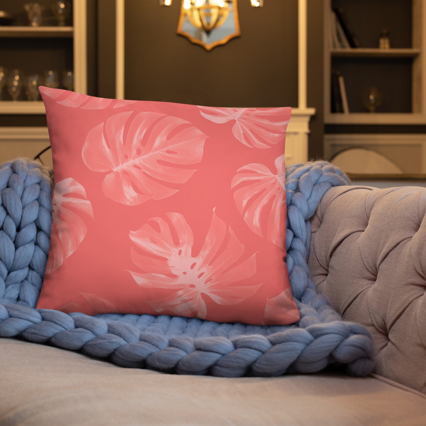 Coral Monstera Throw Pillow