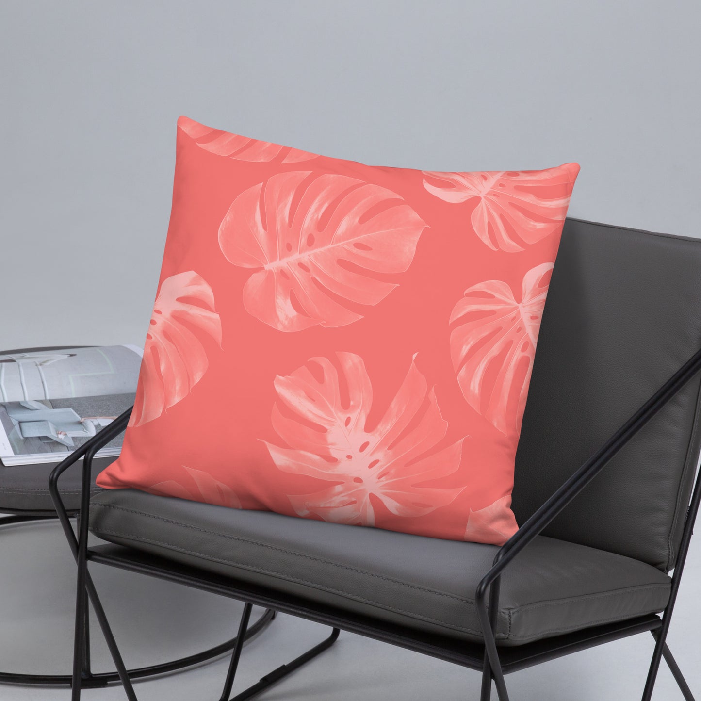 Coral Monstera Throw Pillow