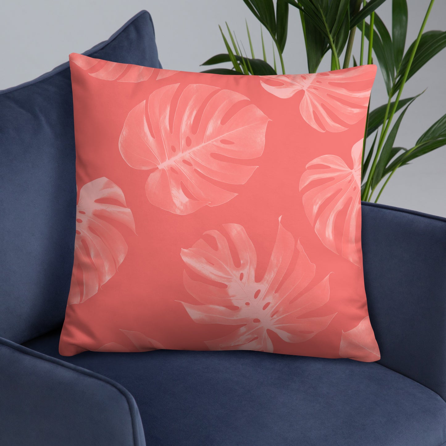 Coral Monstera Throw Pillow