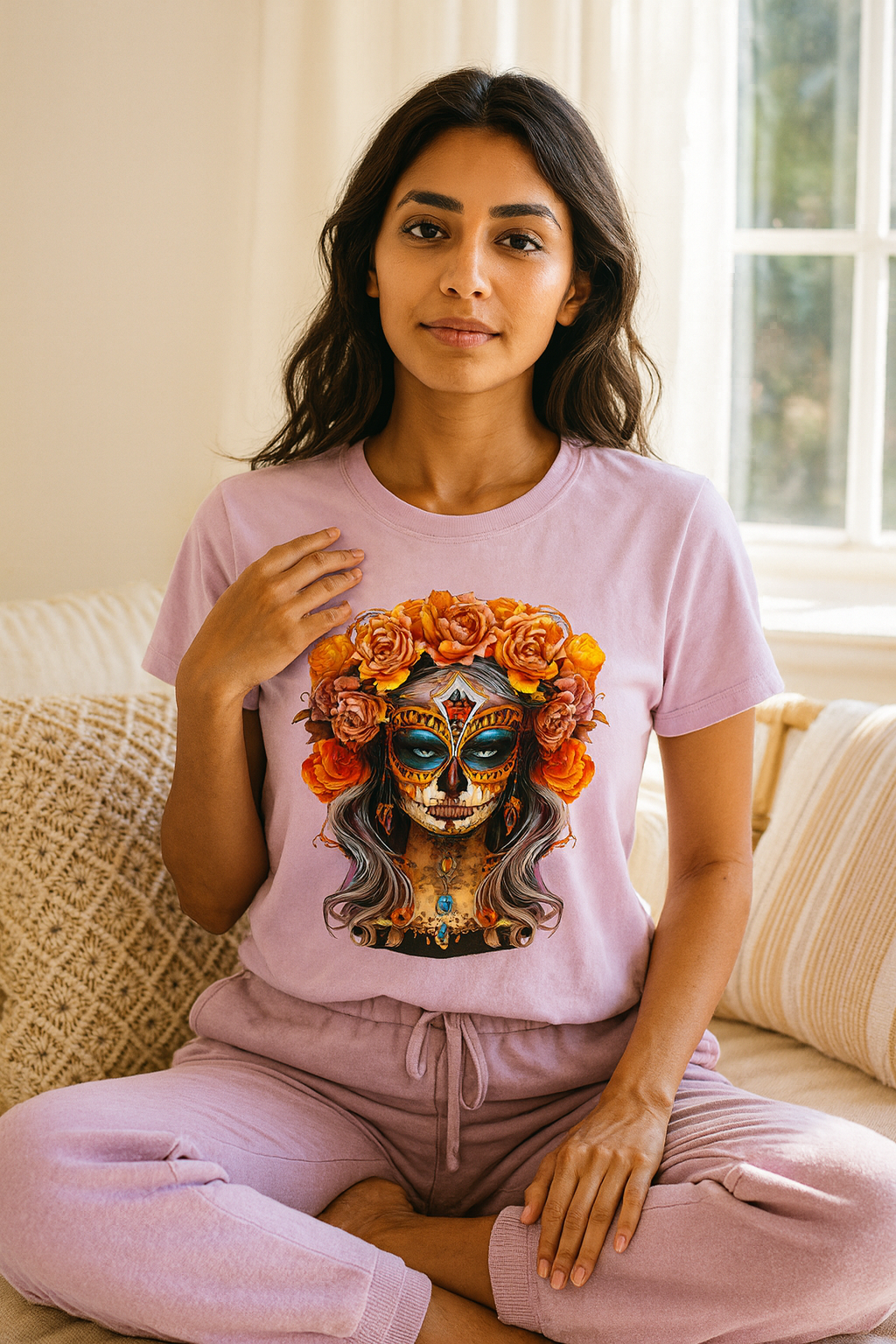 La Catrina Day of the Dead Yellow Roses Sugar Skull Women T-Shirt
