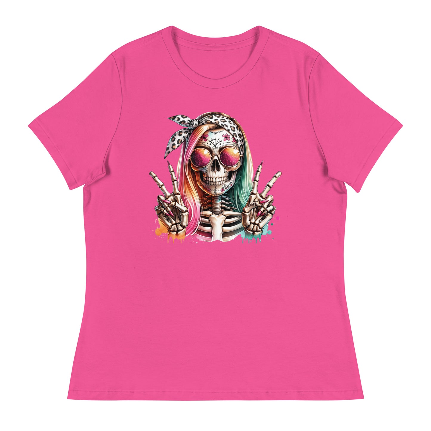 Hipster Skull Pink & Blue Hair Women's Relaxed T-Shirt