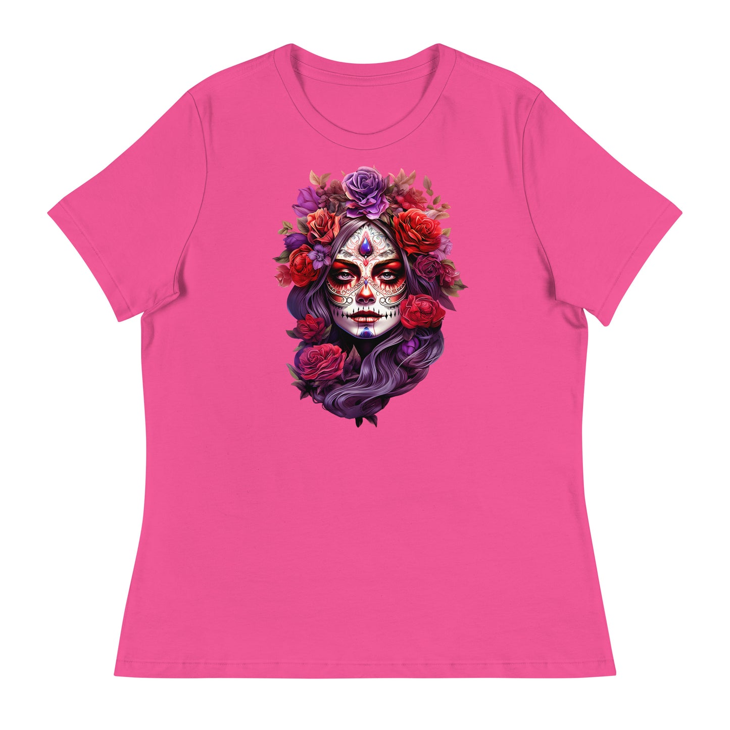 La Catrina Sugar Skull Purple Flower Women T-Shirt