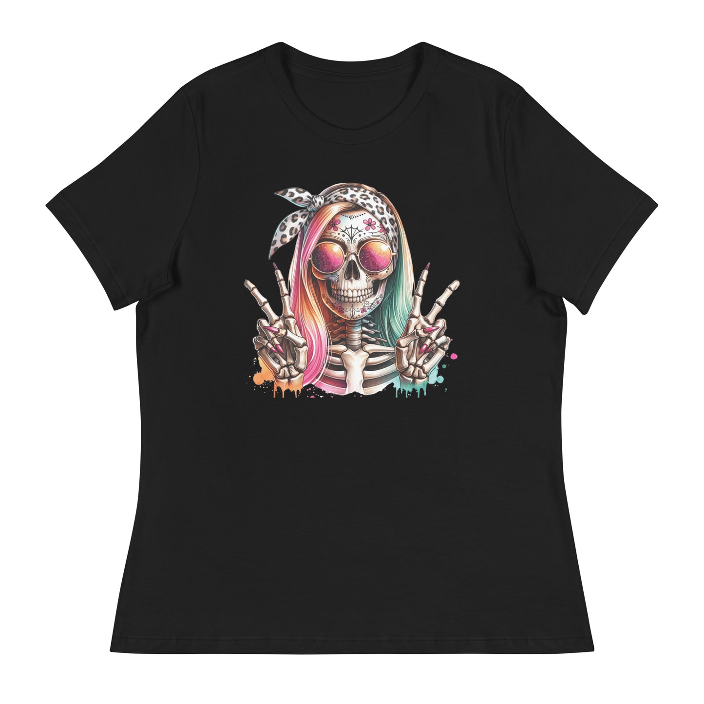 Hipster Skull Pink & Blue Hair Women's Relaxed T-Shirt