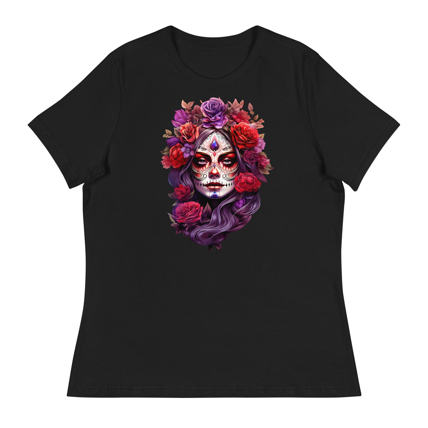 La Catrina Sugar Skull Purple Flower Women T-Shirt