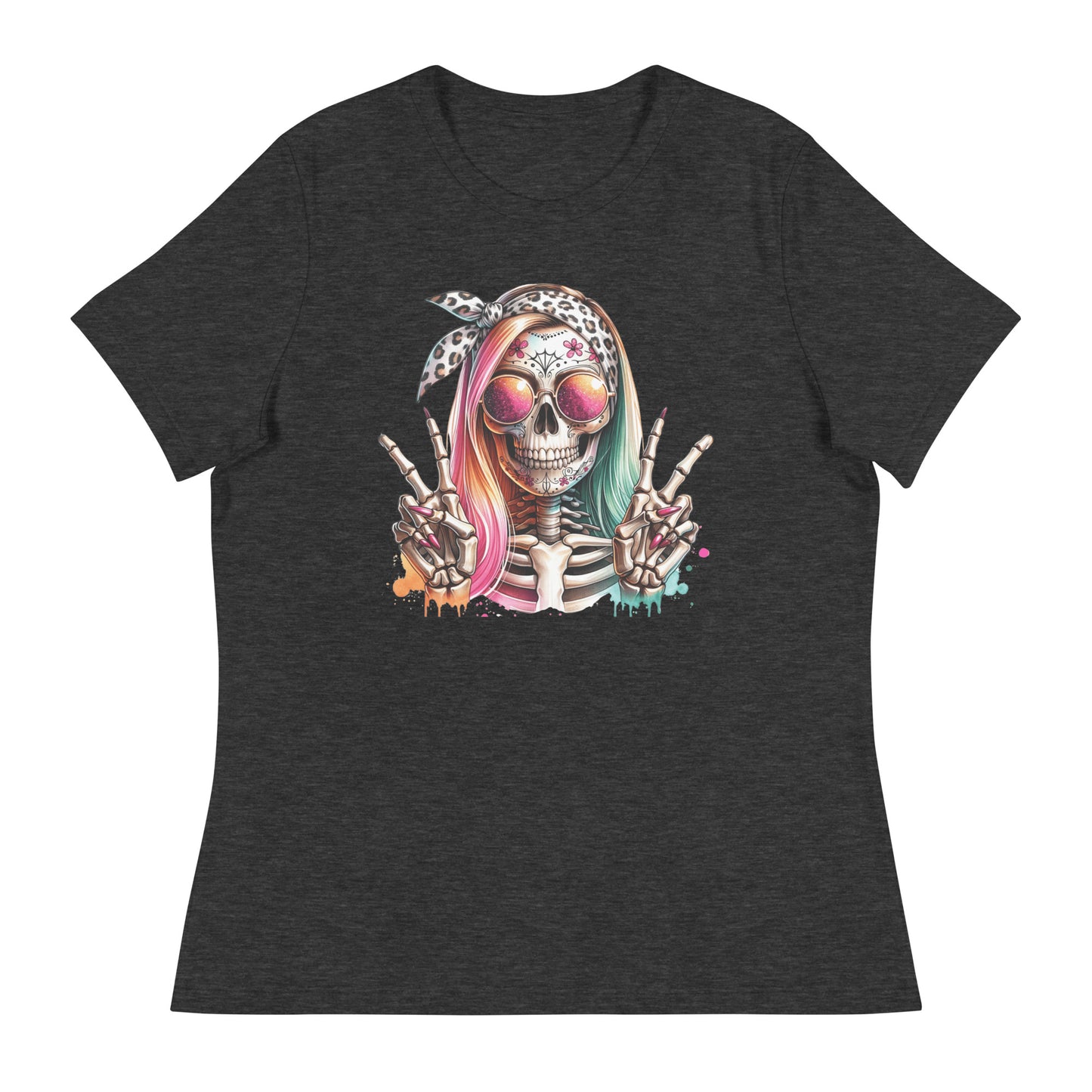 Hipster Skull Pink & Blue Hair Women's Relaxed T-Shirt