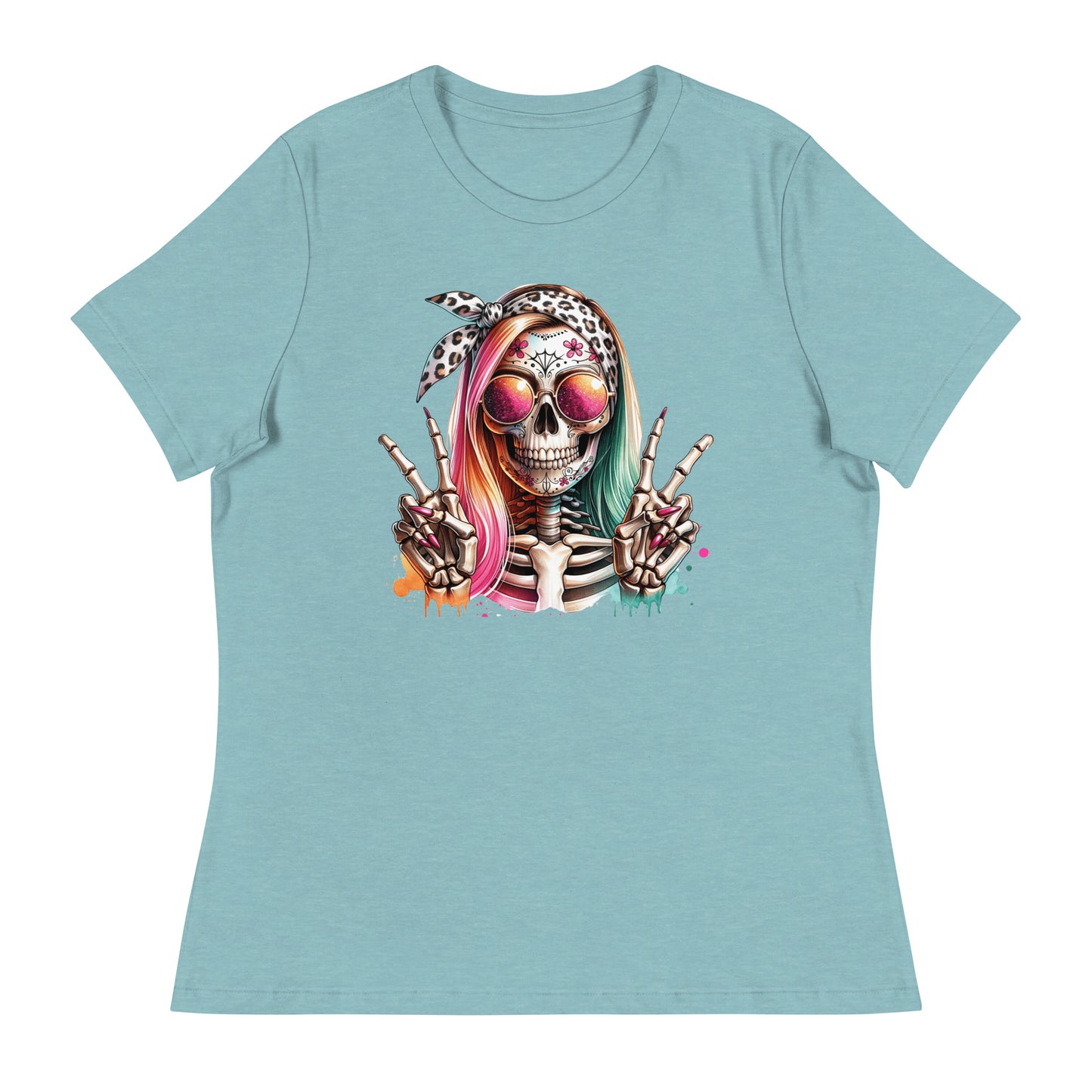 Hipster Skull Pink & Blue Hair Women's Relaxed T-Shirt