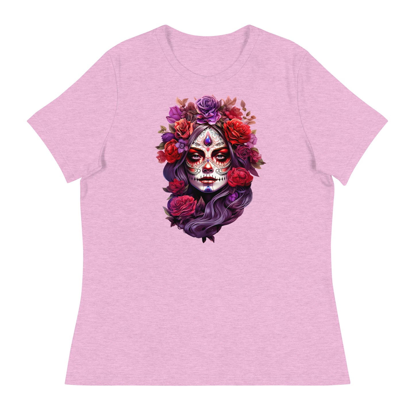 La Catrina Sugar Skull Purple Flower Women T-Shirt