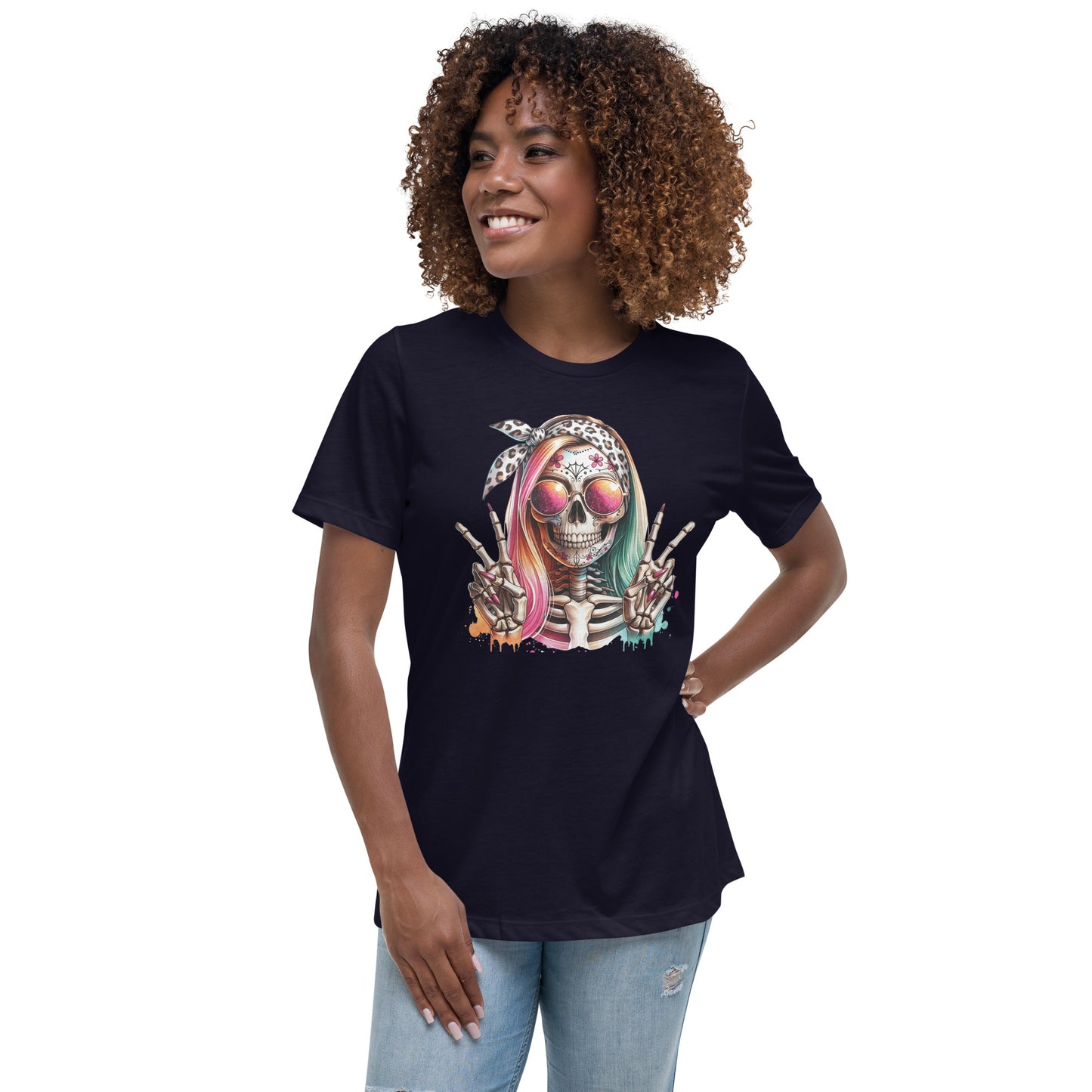 Hipster Skull Pink & Blue Hair Women's Relaxed T-Shirt