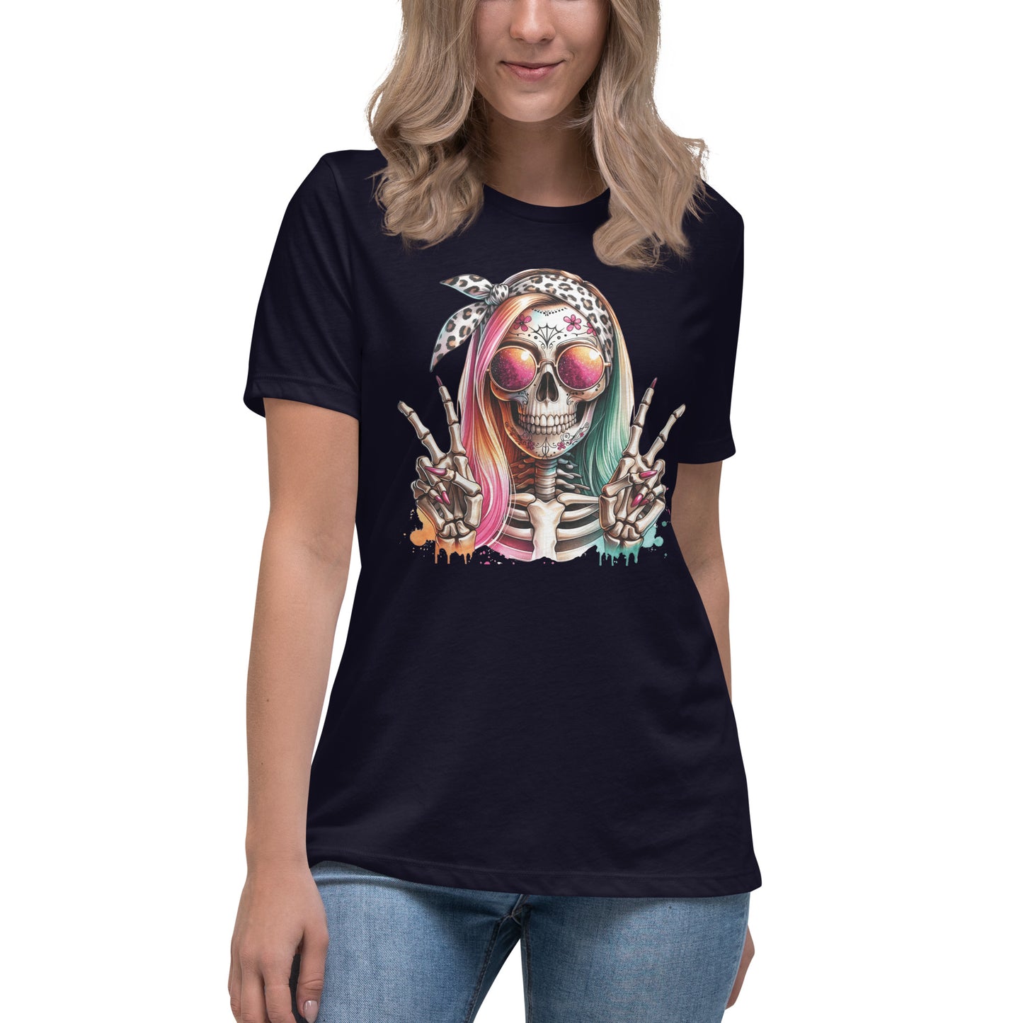 Hipster Skull Pink & Blue Hair Women's Relaxed T-Shirt