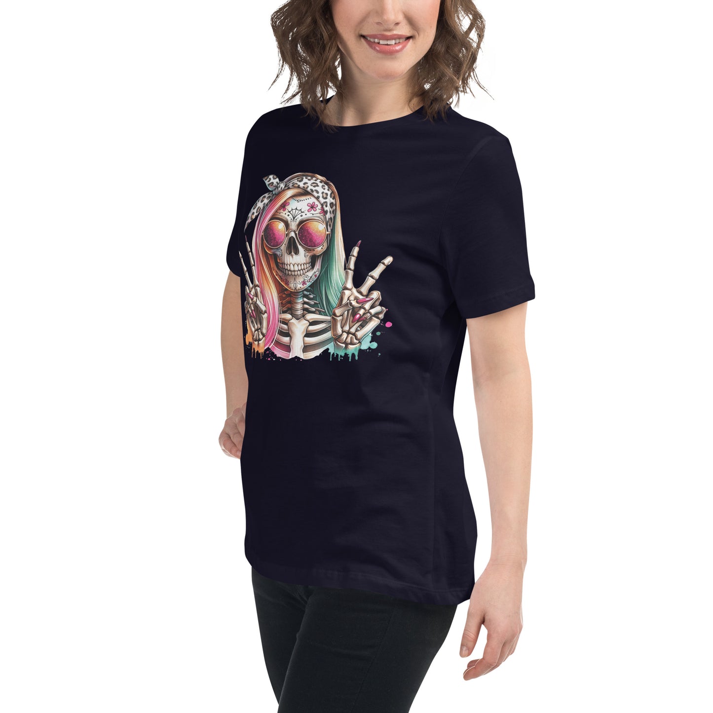 Hipster Skull Pink & Blue Hair Women's Relaxed T-Shirt