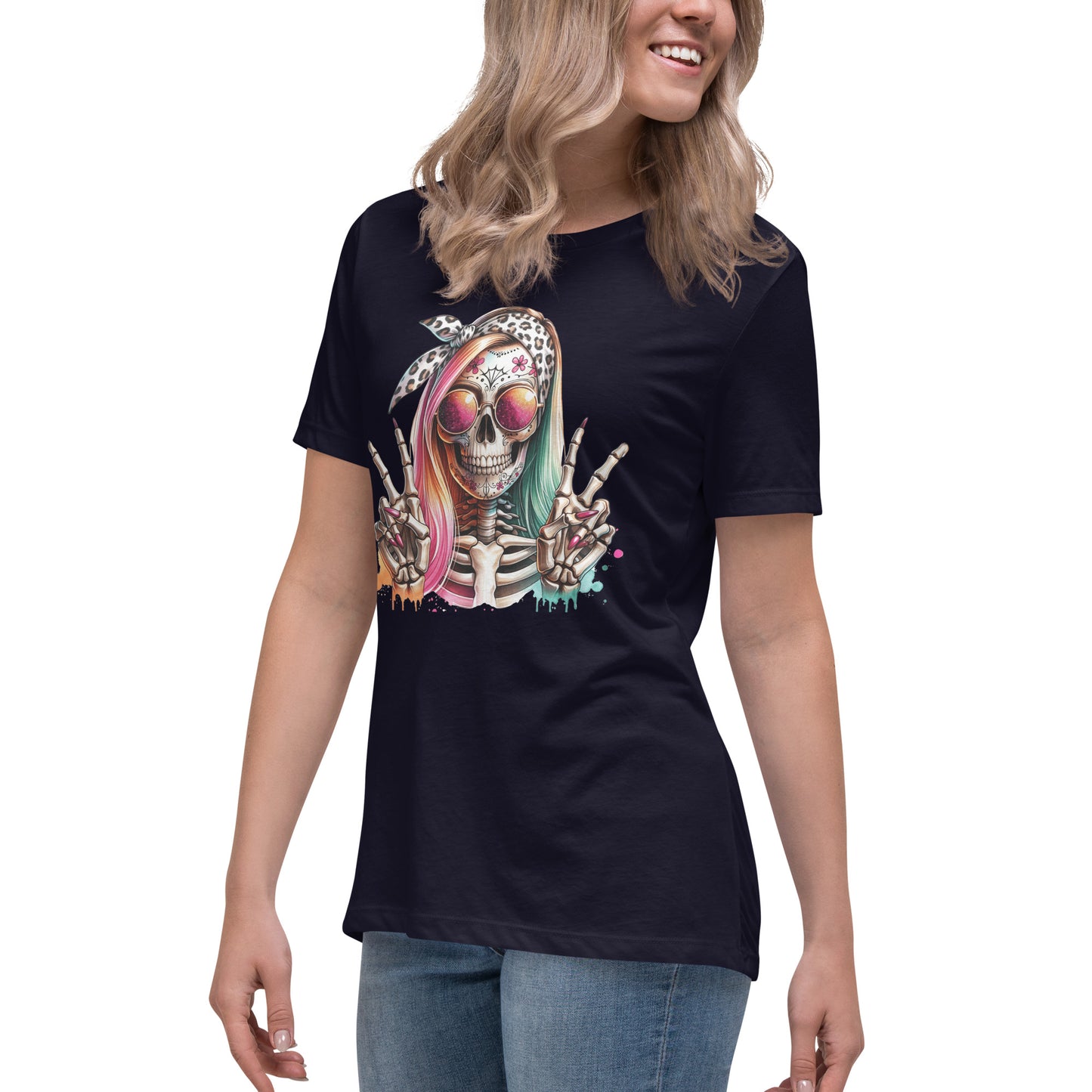 Hipster Skull Pink & Blue Hair Women's Relaxed T-Shirt