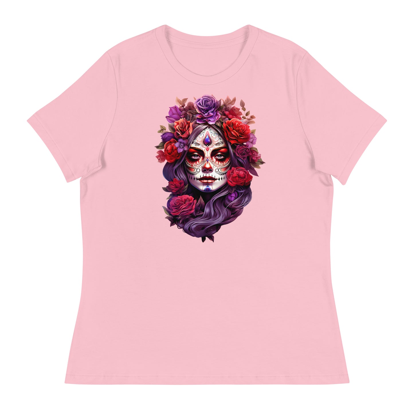 La Catrina Sugar Skull Purple Flower Women T-Shirt