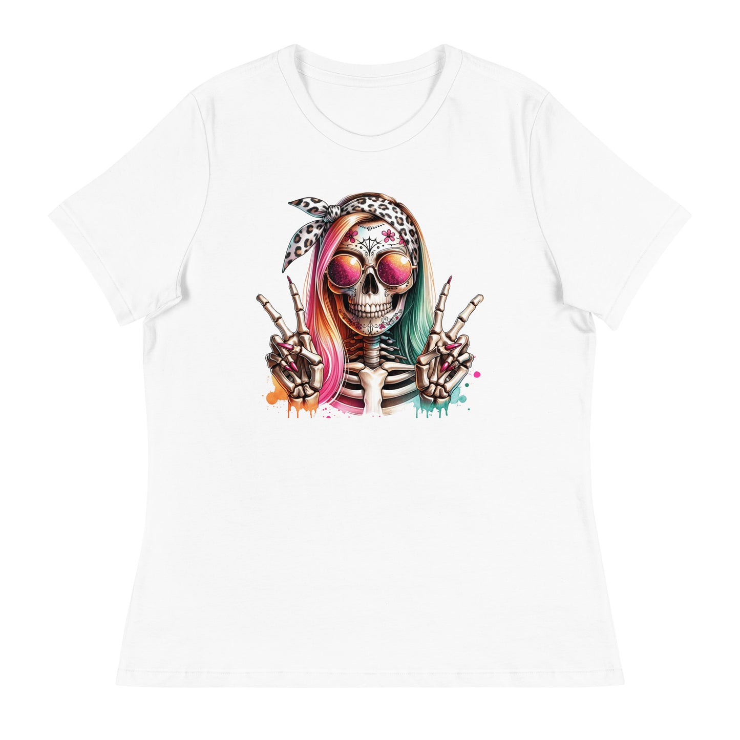 Hipster Skull Pink & Blue Hair Women's Relaxed T-Shirt