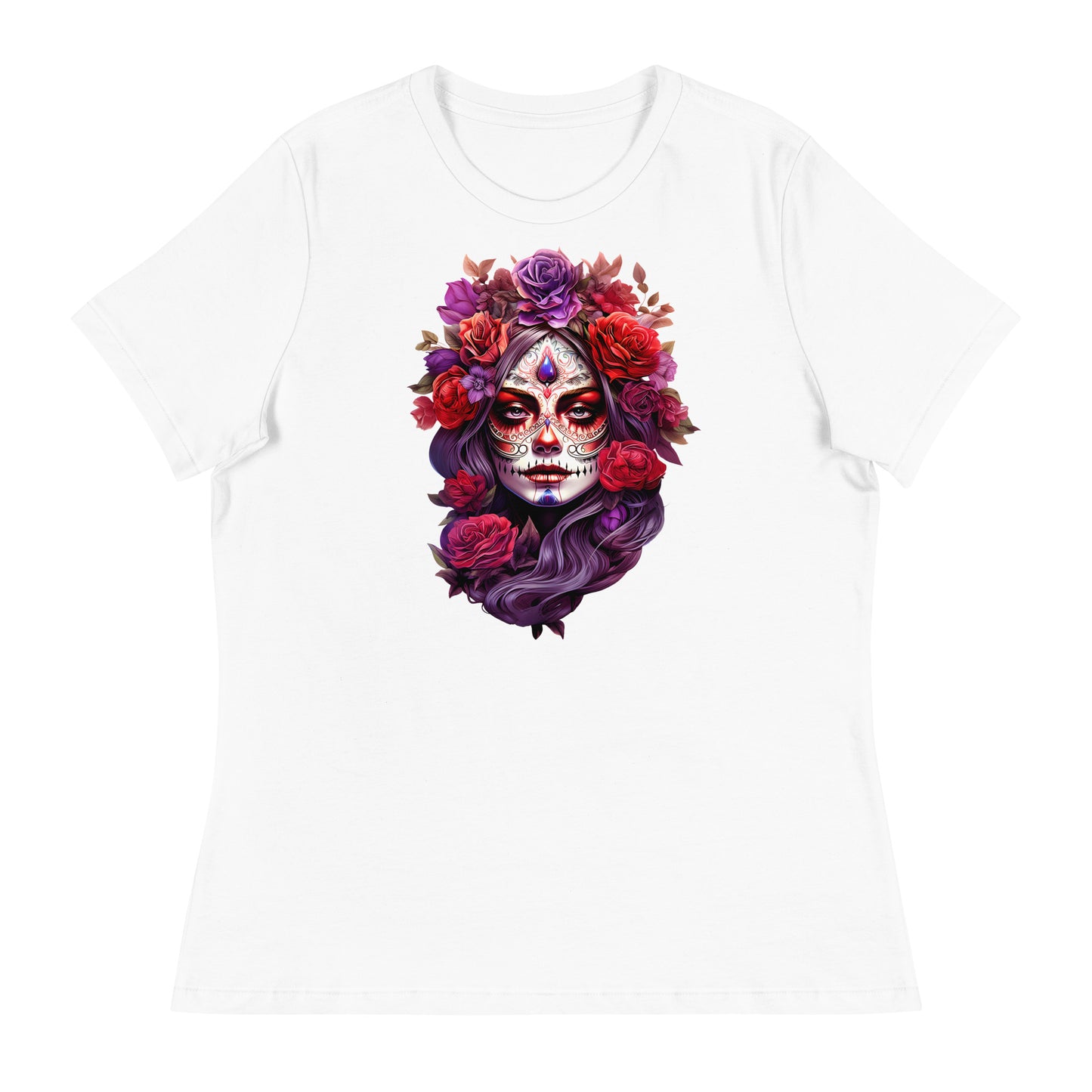 La Catrina Sugar Skull Purple Flower Women T-Shirt