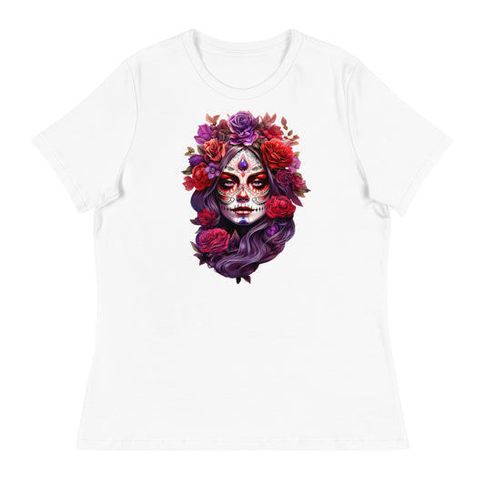 La Catrina Sugar Skull Purple Flower Women T-Shirt