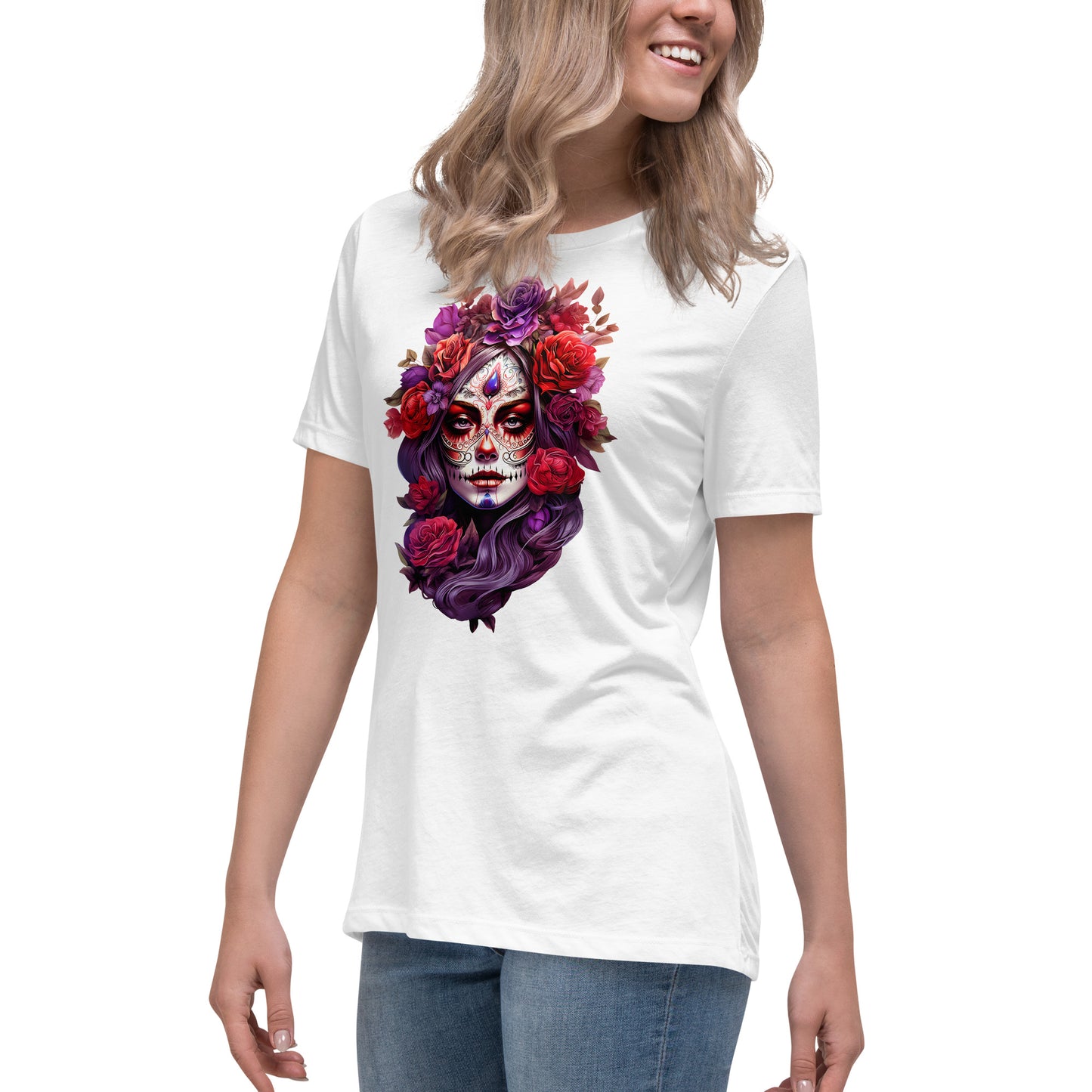 La Catrina Sugar Skull Purple Flower Women T-Shirt