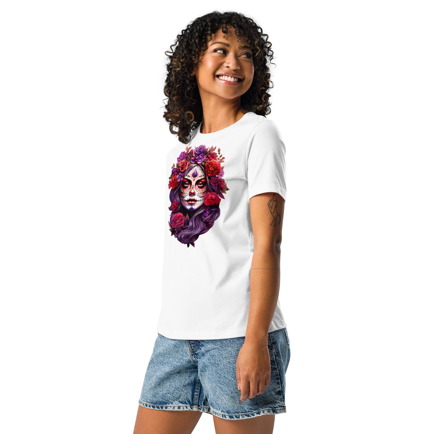 La Catrina Sugar Skull Purple Flower Women T-Shirt