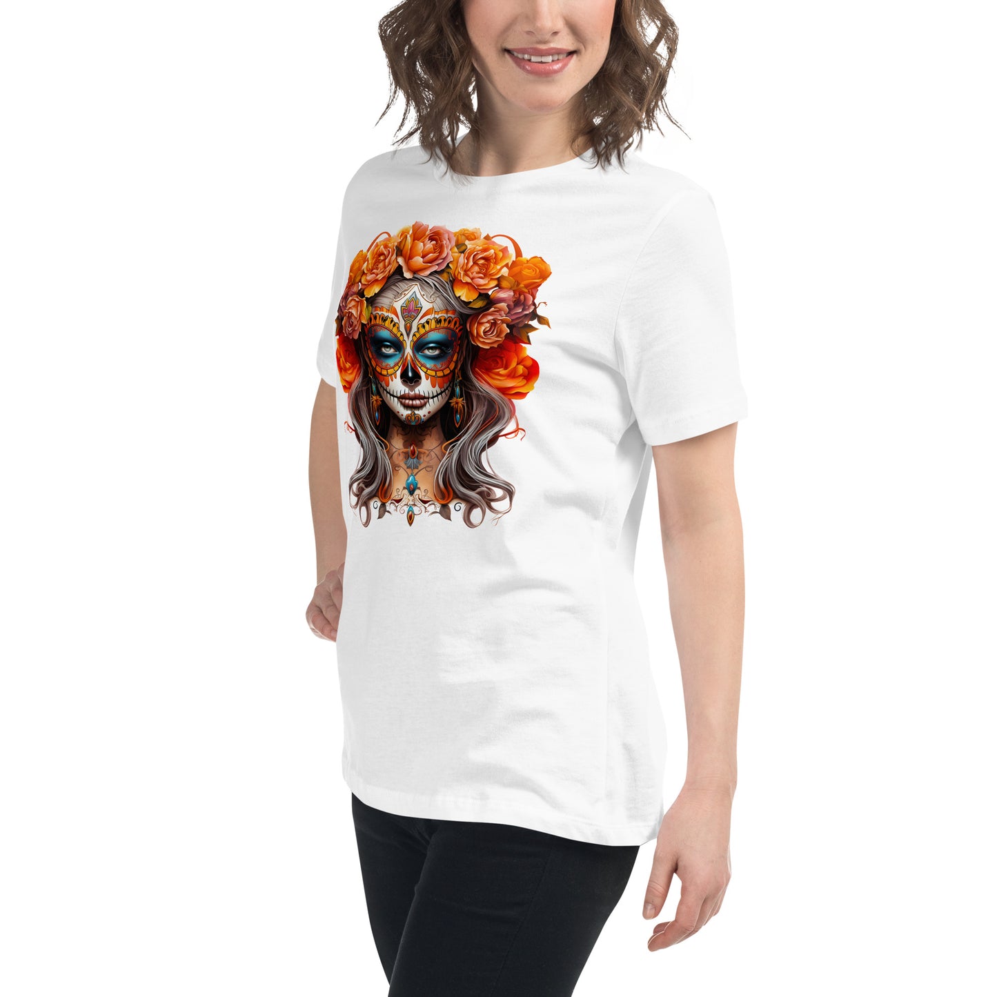 La Catrina Day of the Dead Yellow Roses Sugar Skull Women T-Shirt